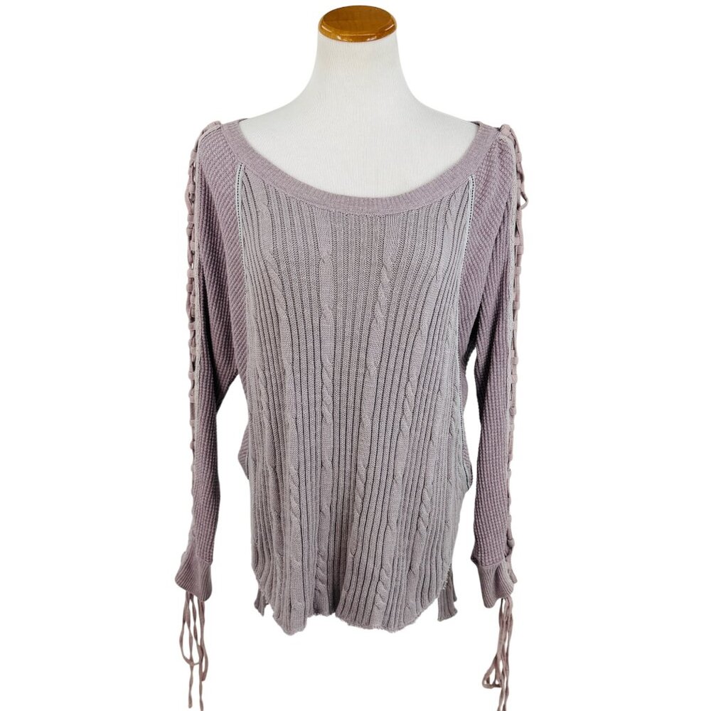 Free People Lilac Lace Up Sleeve Thermal Cable Knit Sweater | Boho Grunge Fairy - Picture 14 of 16